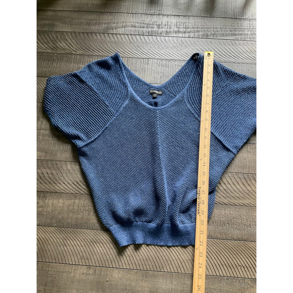 Express Metallic Blue Semi Sheer Knit Sweater Women’s Small Short Sleeve - Picture 4 of 6